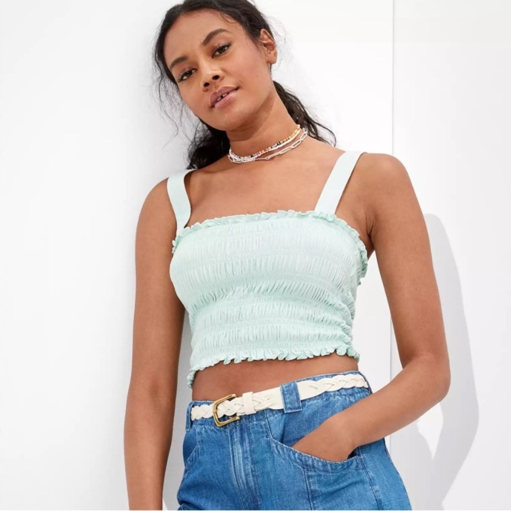 American Eagle Smocked Ruffle Tank Top Sea Green Women’s Small